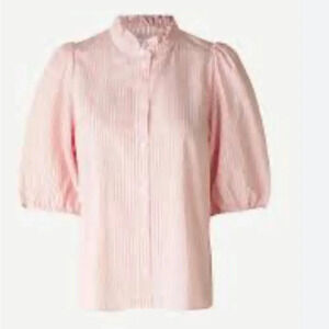 SAMSOE Pink Puff Sleeve Button Front Blouse